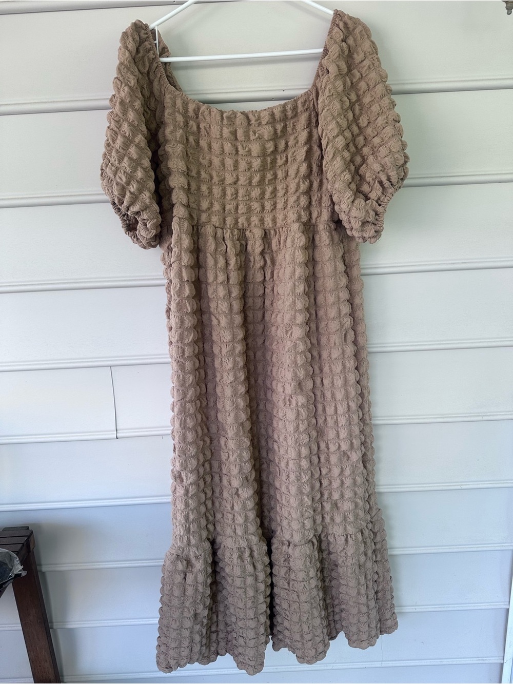 Simply Southern Beige Textured Puff-Sleeve Midi Dress - Picture 4 of 13